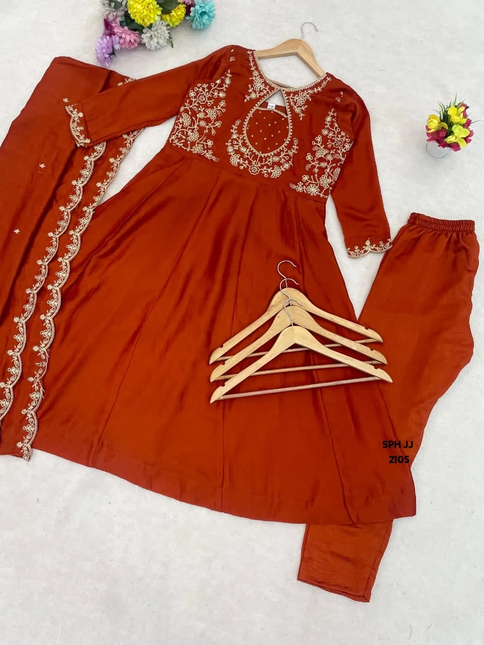 Rust Orange Embroidered Anarkali Kurti Set – Rust Orange & Silver